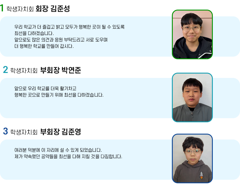 학생자치회 소개 이미지 | 1 한울림어린이자치회 대표 안이정 : 안녕하세요, 저는 이번 전교회장 안이정입니다. 저를 믿고 뽑아주셔서 정말 감사합니다. 제가 전교 회장을 하는 동안 최선을 다해 활동하겠습니다. _ 2 한울림어린이자치회 부대표 이우영 : 안녕하세요, 2024학년도 전교부회장 이우영입니다. 떨리던 투표가 지나고 당선된 순간 정말 기뻤습니다. 여러분들에게도 제가 느낀 기쁨을 나눠드리고 싶습니다. 끈기 있고 믿음직한 전교부회장이 되겠습니다. 감사합니다. _ 3 한울림어린이자치회 부대표 김준성 : 안녕하세요. 저는 5학년 부대표 김준성입니다. 우선 저를 뽑아주셔서 감사드립니다. 그리고 제가 말씀드린 여러가지 재미있는 행사를 모두 추진할 수 있도록 노력하겠습니다. 또 학교를 더 즐겁게 바꾸도록 열심히 하겠습니다. 감사합니다.